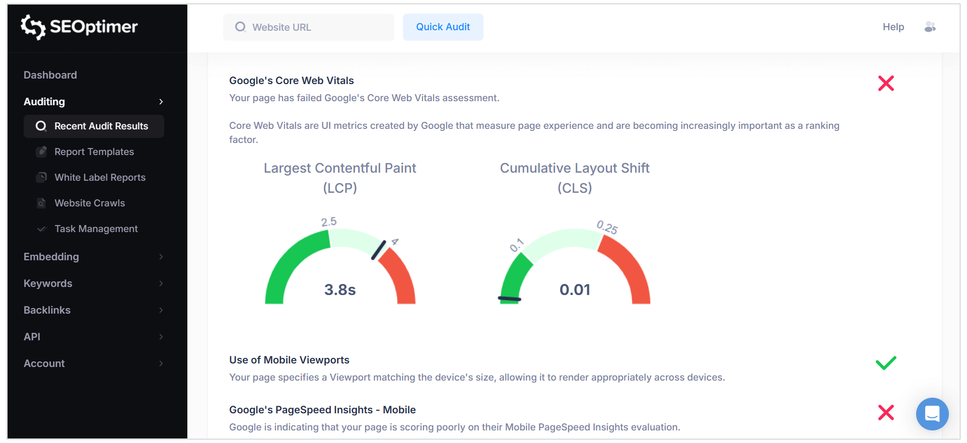 SEOptimer Core Web Vitals kontrolü